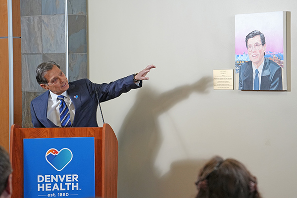 Former Denver mayor Federico F. Peña speaks during a portrait unveiling at the Federico F. Peña Family Health Center.
